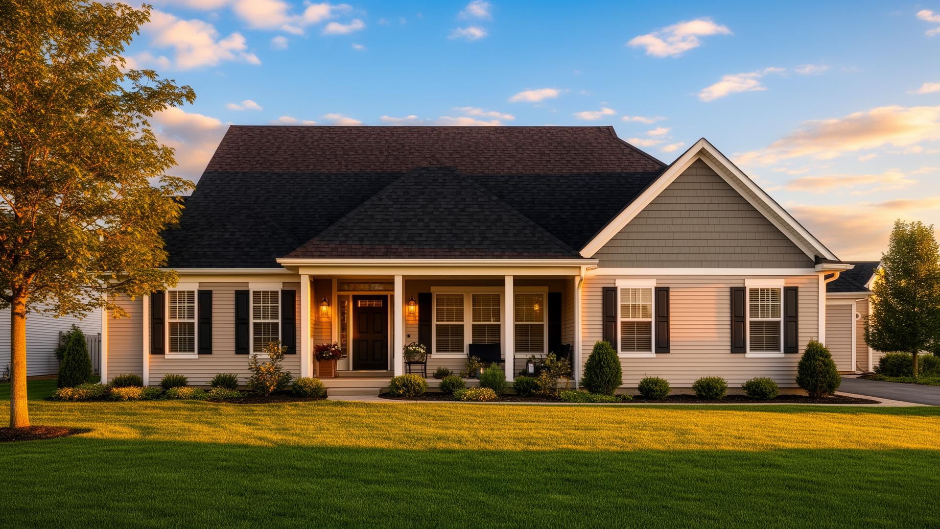 Newly installed dark asphalt shingle roof on a Midland Michigan home